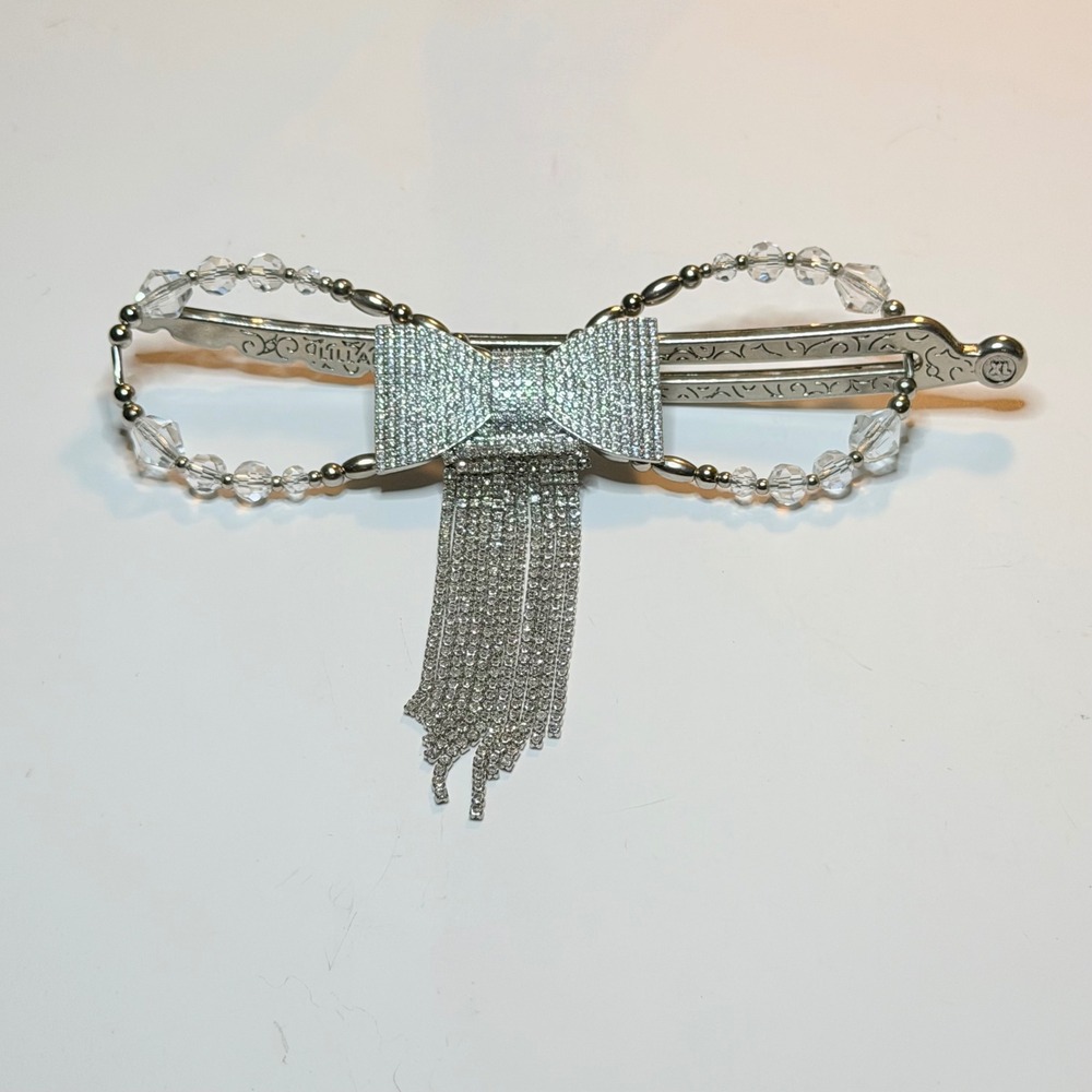 Lilla Rose Flexi Clip Silver Rhinestone Bow‎ Crystal Tassel Hair Accessory XL